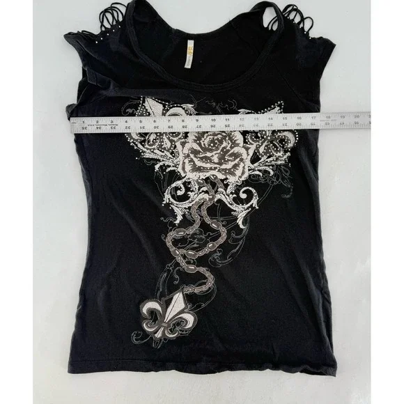 Vtg 2000s Y2K Studded Rose Shirt Tattoo Style See Measure Biker Hipster Grunge - Picture 8 of 8